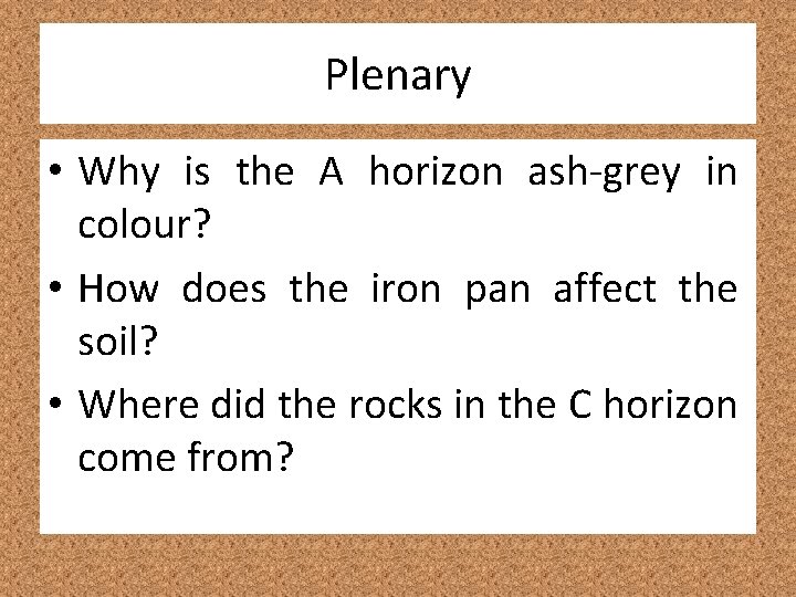 Plenary • Why is the A horizon ash-grey in colour? • How does the