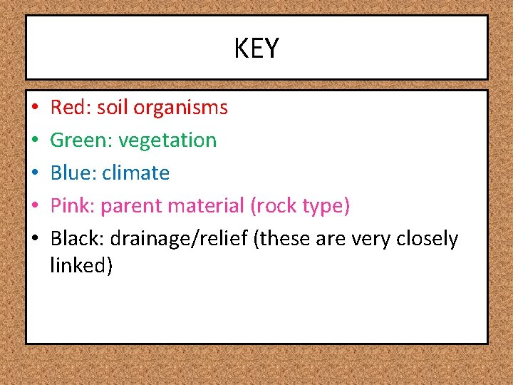 KEY • • • Red: soil organisms Green: vegetation Blue: climate Pink: parent material