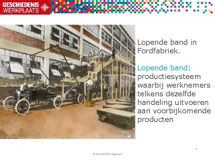 Lopende band in Fordfabriek. Lopende band: productiesysteem waarbij werknemers telkens dezelfde handeling uitvoeren aan