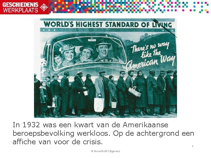 In 1932 was een kwart van de Amerikaanse beroepsbevolking werkloos. Op de achtergrond een