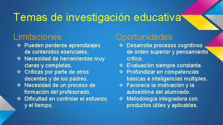 Temas de investigación educativa Limitaciones ❖ Pueden perderse aprendizajes de contenidos esenciales. ❖ Necesidad