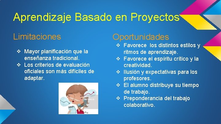 Aprendizaje Basado en Proyectos Limitaciones ❖ Mayor planificación que la enseñanza tradicional. ❖ Los