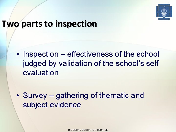 Two parts to inspection • Inspection – effectiveness of the school judged by validation