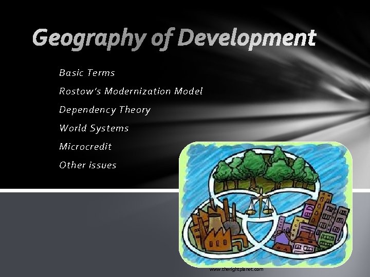 Basic Terms Rostow’s Modernization Model Dependency Theory World Systems Microcredit Other issues www. therightplanet.