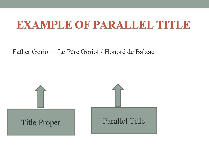 EXAMPLE OF PARALLEL TITLE Father Goriot = Le Père Goriot / Honoré de Balzac
