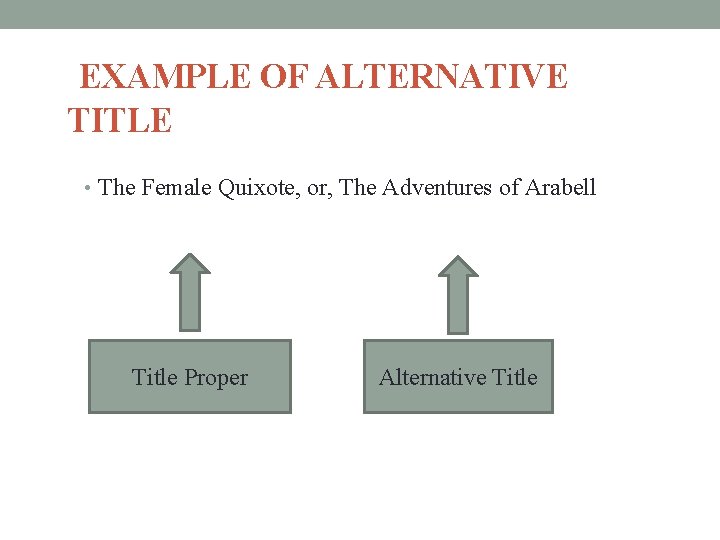 EXAMPLE OF ALTERNATIVE TITLE • The Female Quixote, or, The Adventures of Arabell Title