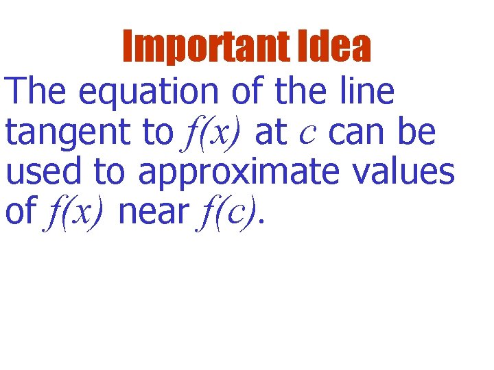 Important Idea The equation of the line tangent to f(x) at c can be