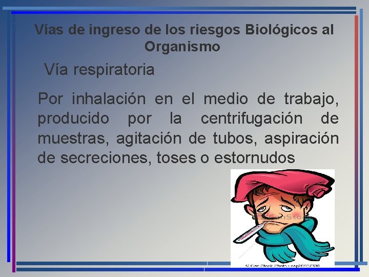 Vías de ingreso de los riesgos Biológicos al Organismo Vía respiratoria Por inhalación en
