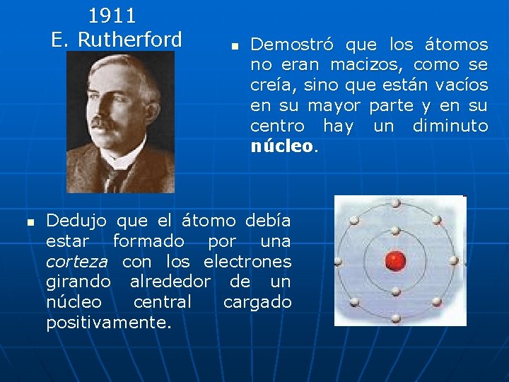 1911 E. Rutherford n n Demostró que los átomos no eran macizos, como se