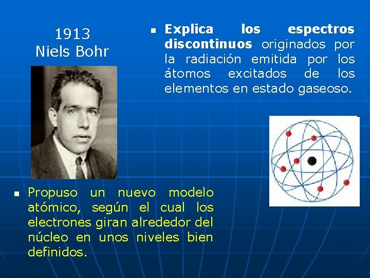 1913 Niels Bohr n n Explica los espectros discontinuos originados por la radiación emitida