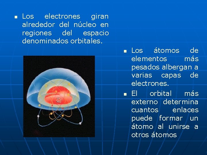 n Los electrones giran alrededor del núcleo en regiones del espacio denominados orbitales. n