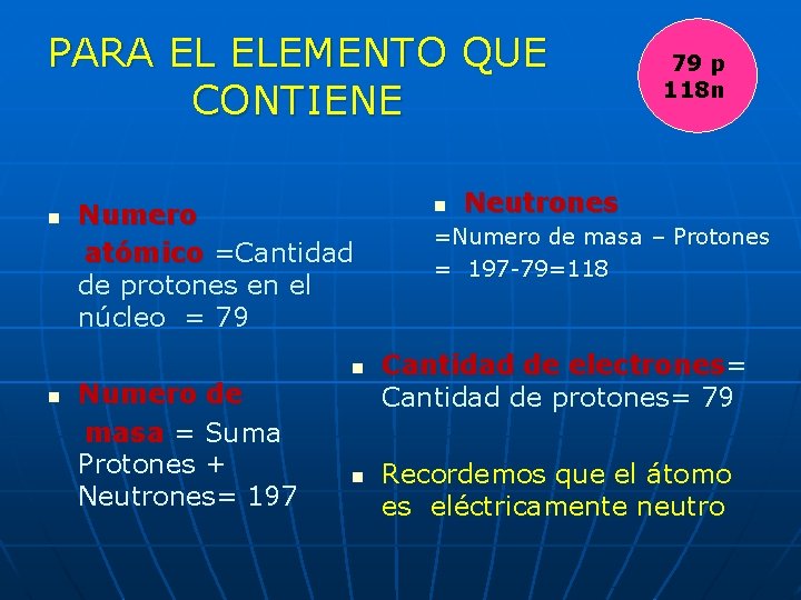 PARA EL ELEMENTO QUE CONTIENE n n Numero atómico =Cantidad de protones en el