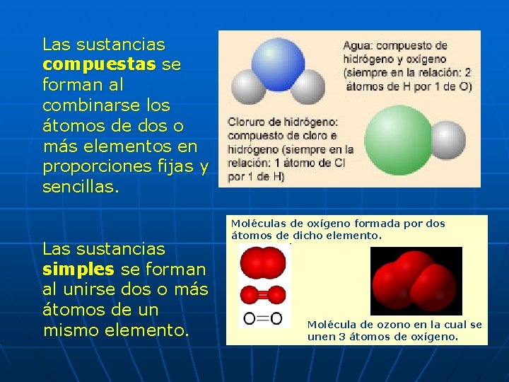 Las sustancias compuestas se forman al combinarse los átomos de dos o más elementos
