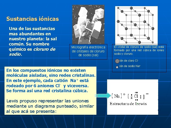 Sustancias iónicas Una de las sustancias mas abundantes en nuestro planeta: la sal común.