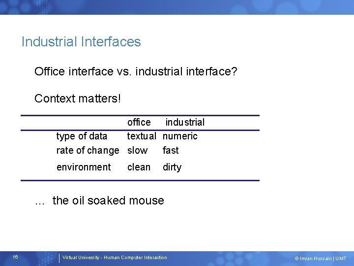 Industrial Interfaces Office interface vs. industrial interface? Context matters! office industrial type of data