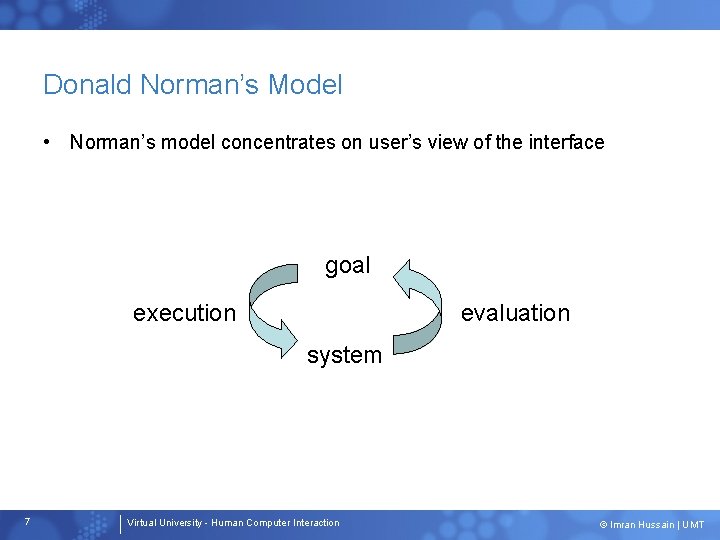 Donald Norman’s Model • Norman’s model concentrates on user’s view of the interface goal