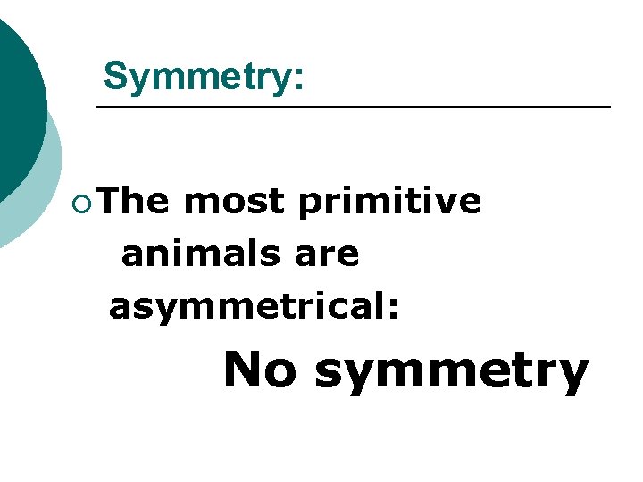 Symmetry: ¡ The most primitive animals are asymmetrical: No symmetry 