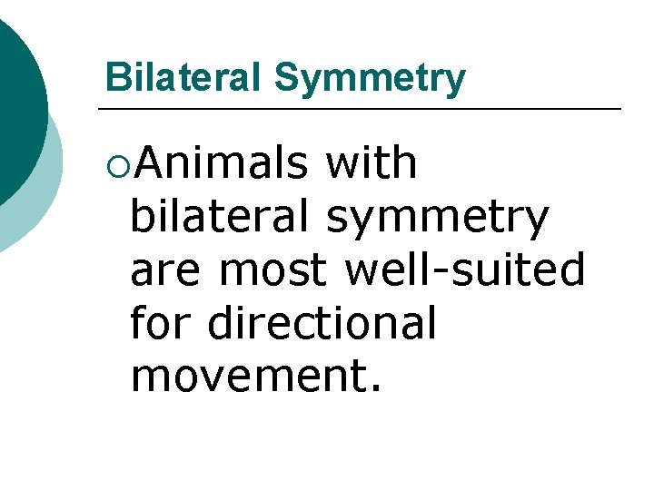 Bilateral Symmetry ¡Animals with bilateral symmetry are most well-suited for directional movement. 