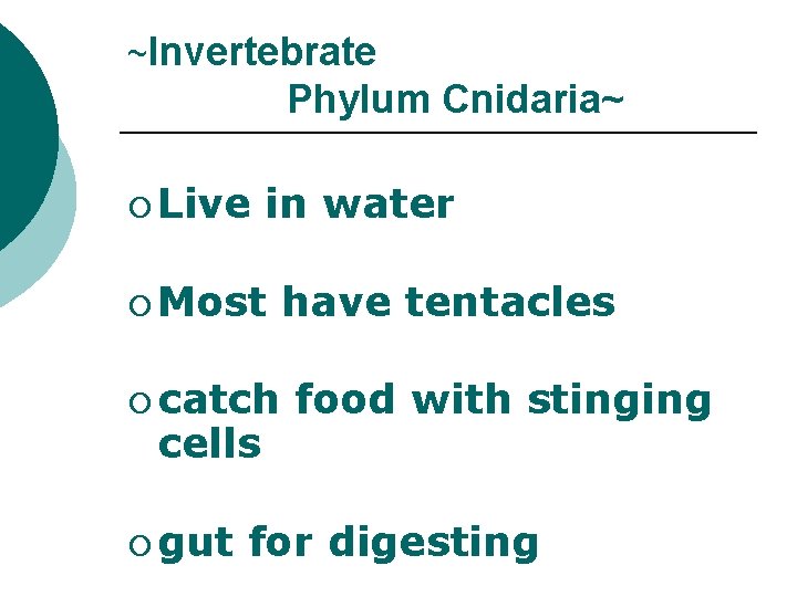 ~Invertebrate Phylum Cnidaria~ ¡ Live in water ¡ Most ¡ catch cells ¡ gut