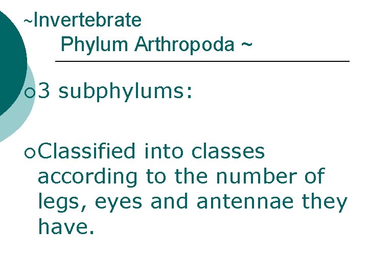 ~Invertebrate Phylum Arthropoda ~ ¡ 3 subphylums: ¡ Classified into classes according to the