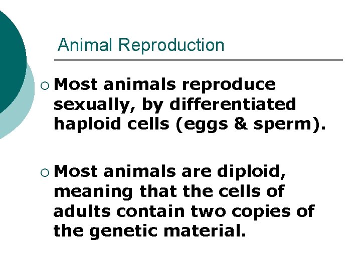 Animal Reproduction ¡ Most animals reproduce sexually, by differentiated haploid cells (eggs & sperm).