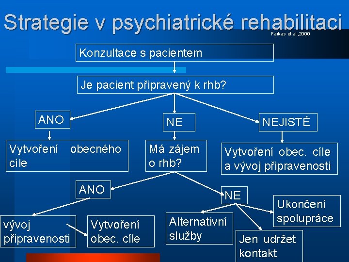 Strategie v psychiatrické rehabilitaci Farkas et al. , 2000 Konzultace s pacientem Je pacient