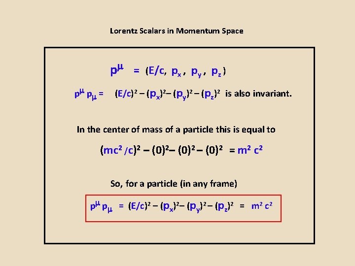 Lorentz Scalars in Momentum Space p = (E/c, px , py , pz )