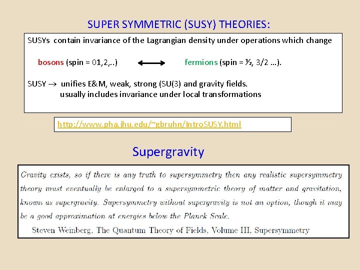 SUPER SYMMETRIC (SUSY) THEORIES: SUSYs contain invariance of the Lagrangian density under operations which
