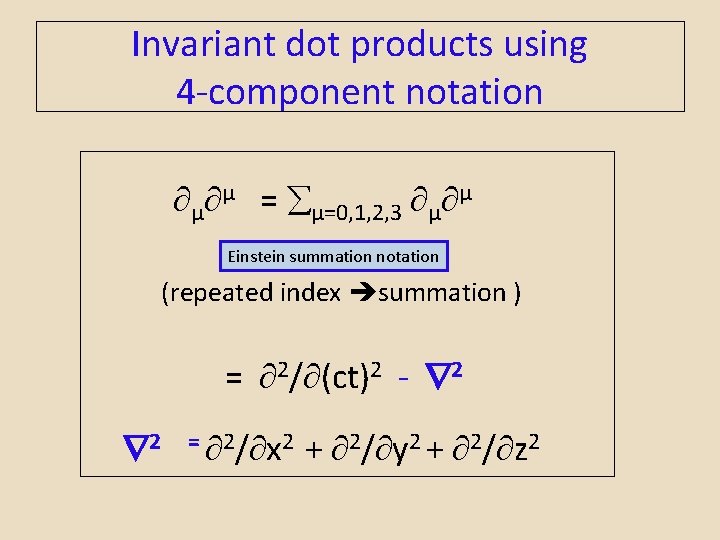 Invariant dot products using 4 -component notation µ µ = µ=0, 1, 2, 3