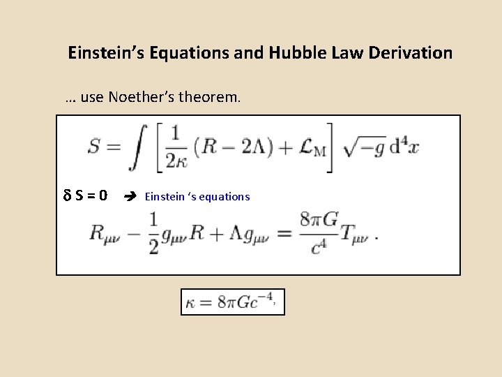 Einstein’s Equations and Hubble Law Derivation … use Noether’s theorem. S=0 Einstein ‘s equations