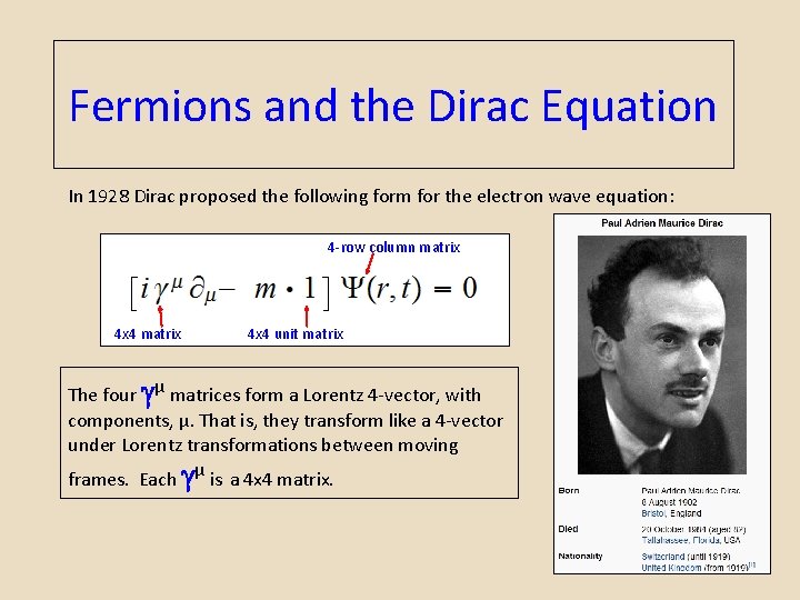Fermions and the Dirac Equation In 1928 Dirac proposed the following form for the