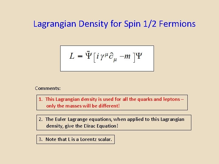 Lagrangian Density for Spin 1/2 Fermions Comments: 1. This Lagrangian density is used for