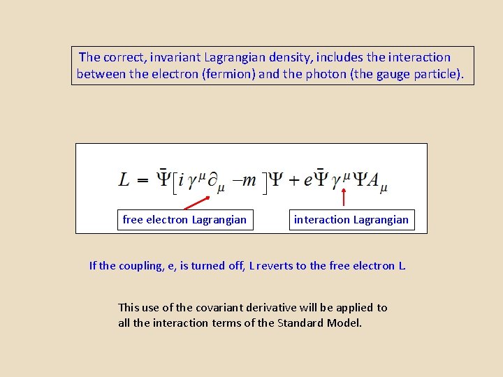 The correct, invariant Lagrangian density, includes the interaction between the electron (fermion) and the