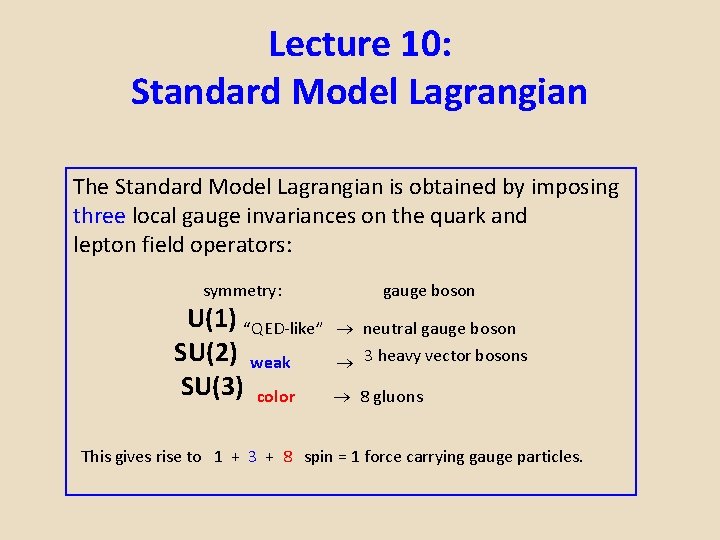 Lecture 10: Standard Model Lagrangian The Standard Model Lagrangian is obtained by imposing three