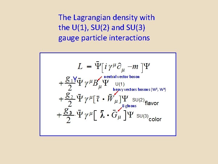 The Lagrangian density with the U(1), SU(2) and SU(3) gauge particle interactions Y neutral