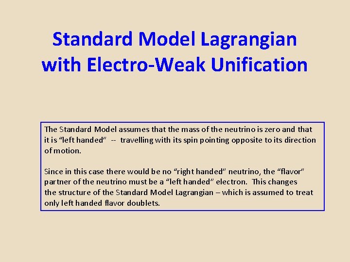 Standard Model Lagrangian with Electro-Weak Unification The Standard Model assumes that the mass of