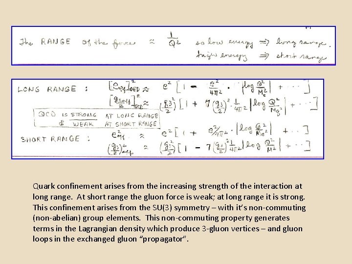 Quark confinement arises from the increasing strength of the interaction at long range. At