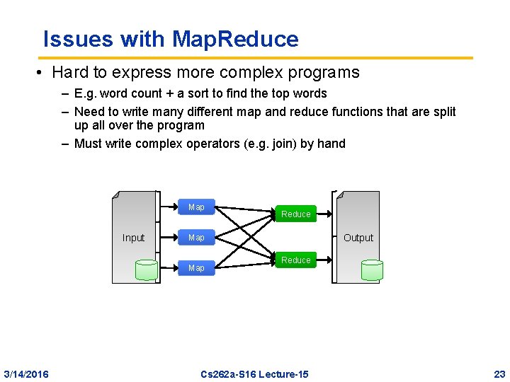 Issues with Map. Reduce • Hard to express more complex programs – E. g.