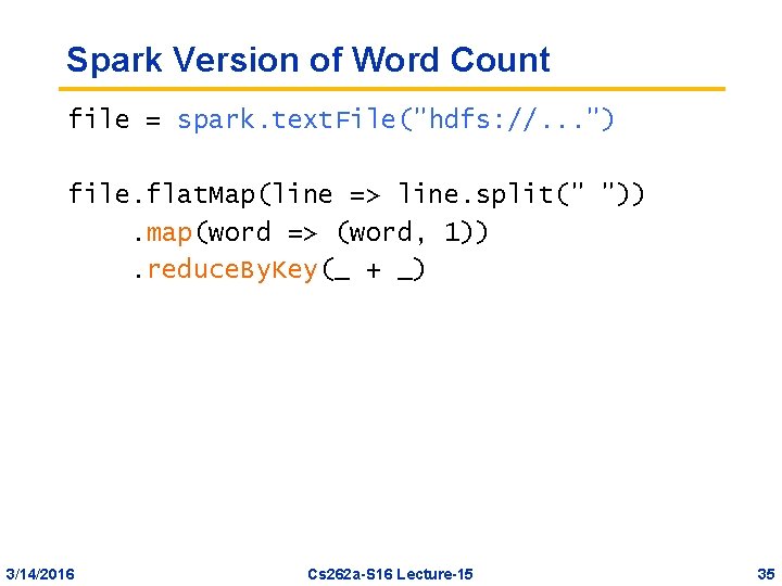 Spark Version of Word Count file = spark. text. File("hdfs: //. . . ")