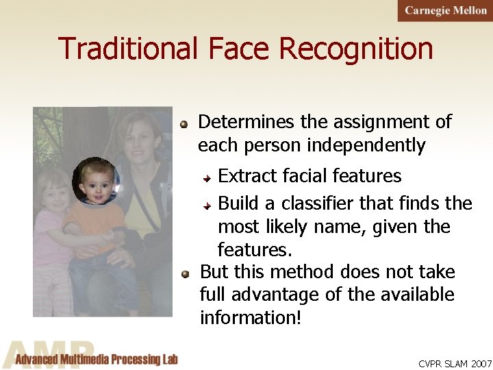 Traditional Face Recognition Determines the assignment of each person independently Extract facial features Build