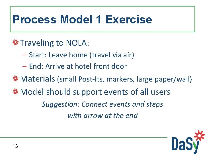 Process Model 1 Exercise Traveling to NOLA: – Start: Leave home (travel via air)