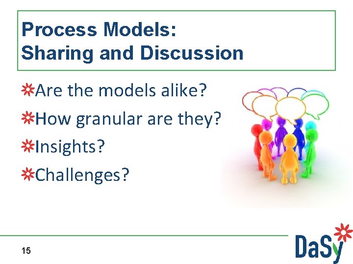 Process Models: Sharing and Discussion Are the models alike? How granular are they? Insights?