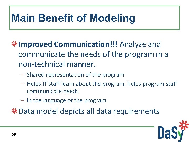 Main Benefit of Modeling Improved Communication!!! Analyze and communicate the needs of the program