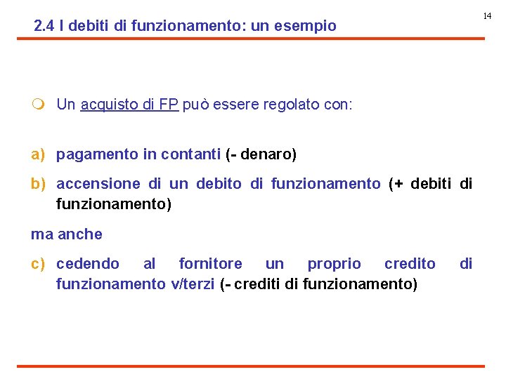 14 2. 4 I debiti di funzionamento: un esempio m Un acquisto di FP