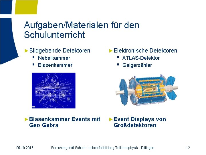 Aufgaben/Materialen für den Schulunterricht ►Bildgebende Detektoren § Nebelkammer § Blasenkammer ►Elektronische Detektoren § ATLAS-Detektor