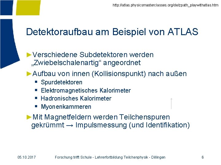 http: //atlas. physicsmasterclasses. org/de/zpath_playwithatlas. htm Detektoraufbau am Beispiel von ATLAS ►Verschiedene Subdetektoren werden „Zwiebelschalenartig“