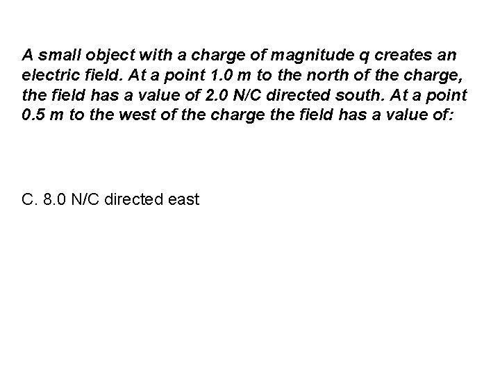 A small object with a charge of magnitude q creates an electric field. At