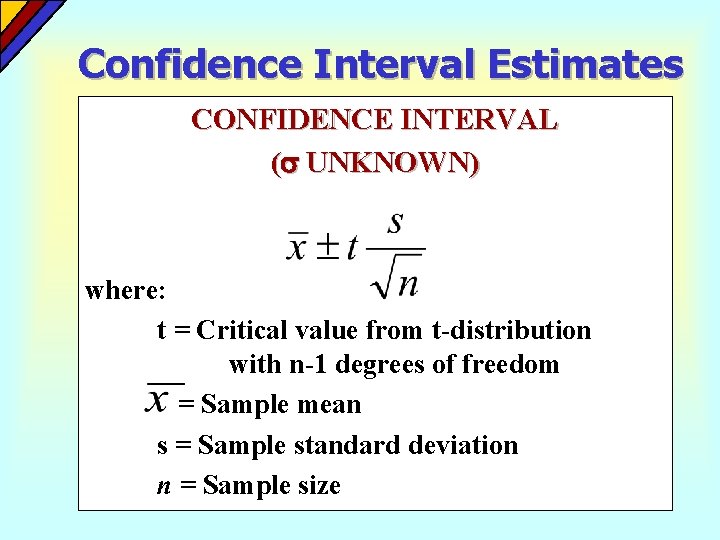 Confidence Interval Estimates CONFIDENCE INTERVAL ( UNKNOWN) where: t = Critical value from t-distribution Confidence Interval Estimates CONFIDENCE INTERVAL ( UNKNOWN) where: t = Critical value from t-distribution