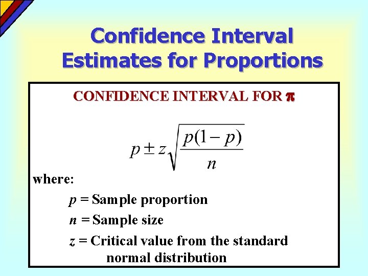 Confidence Interval Estimates for Proportions CONFIDENCE INTERVAL FOR where: p = Sample proportion n Confidence Interval Estimates for Proportions CONFIDENCE INTERVAL FOR where: p = Sample proportion n