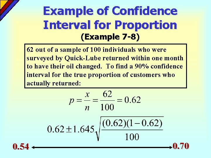 Example of Confidence Interval for Proportion (Example 7 -8) 62 out of a sample Example of Confidence Interval for Proportion (Example 7 -8) 62 out of a sample